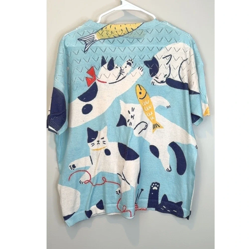 Unbranded Blue Cat‎ Print Knit Top Short Sleeve Whimsical Fish Pattern Sweater
